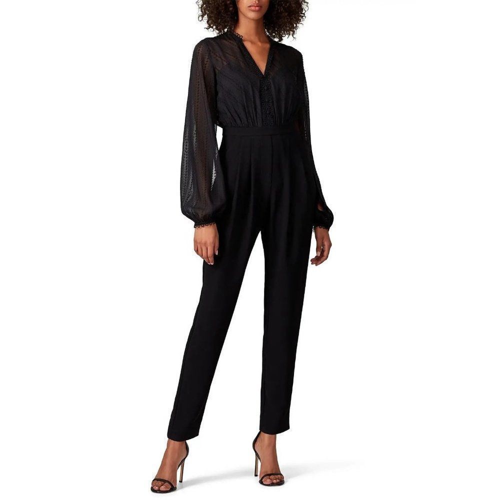 Three Floor Chiffon Black Empire Jumpsuit Printed crepe Long Sleeve Size 4